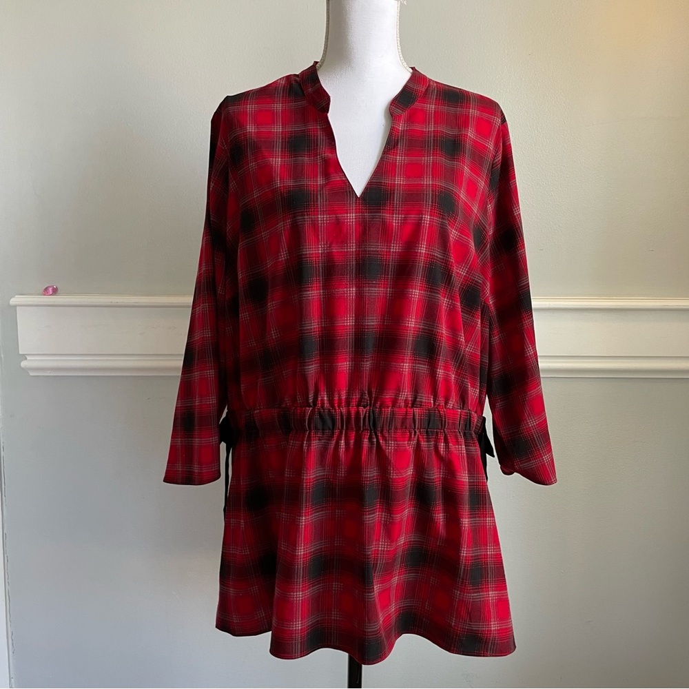 Lane Bryant Size 18 Plaid Red and Black Women's Top Hi Low 3/4 sleeve
